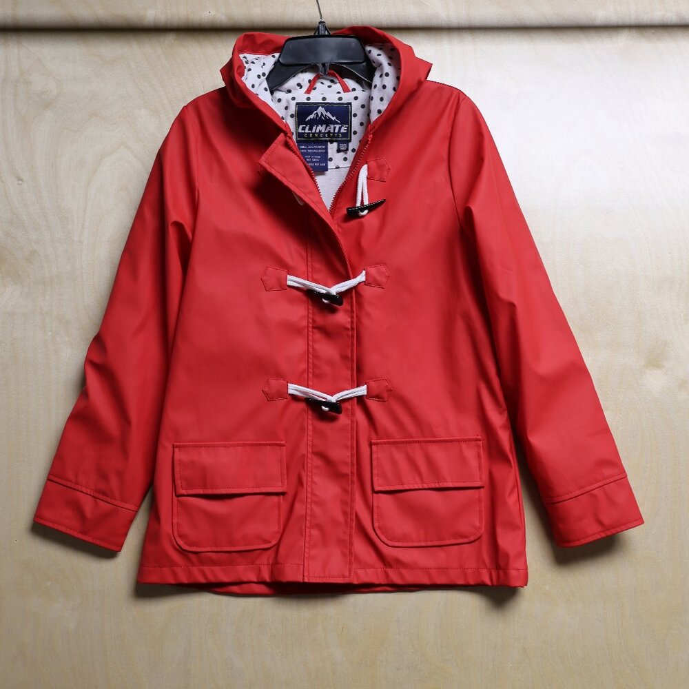 Climate Concepts Lined Girl's Hooded Waxie Toggle Rain Jacket Sz Med (8/10)